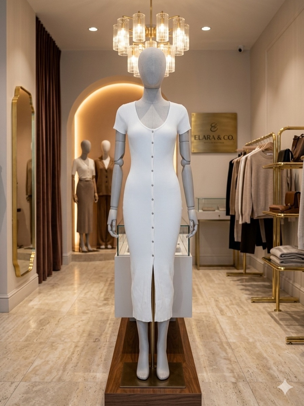 White Button-Front Ribbed Midi Dress